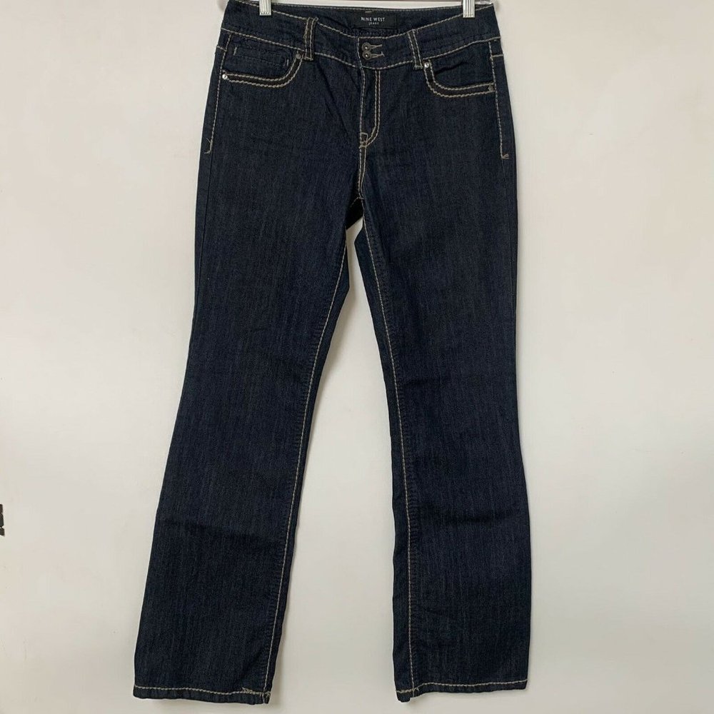 Nine West Women Jeans Size 8 Blue Dark Wash Boot Cut Mid Rise 9" Blig Pockets Em